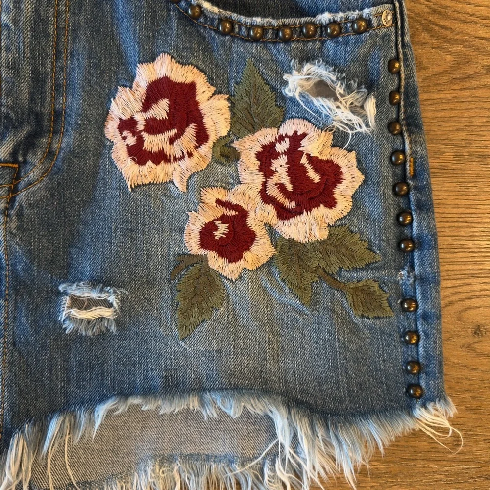 Free People Wild Rose Embroidered Studded Denim Jean Mini Skirt-Size 27-*Read*‎